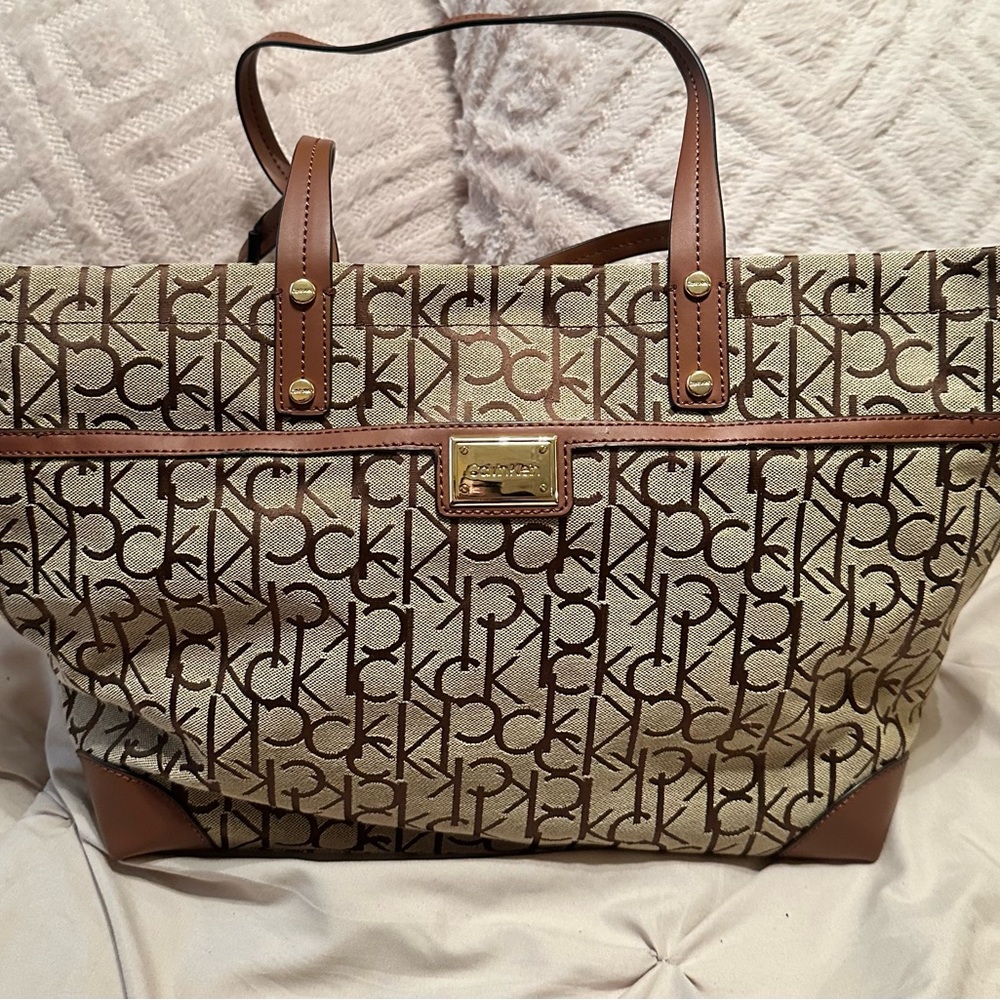 Calvin Klein Beige and Brown Monogram Tote